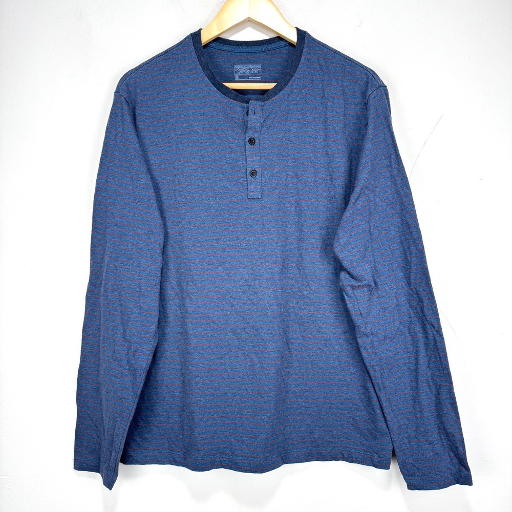 Patagonia Lightweight Henley Shirt Men Medium Blue Red Long Sleeve Cotton